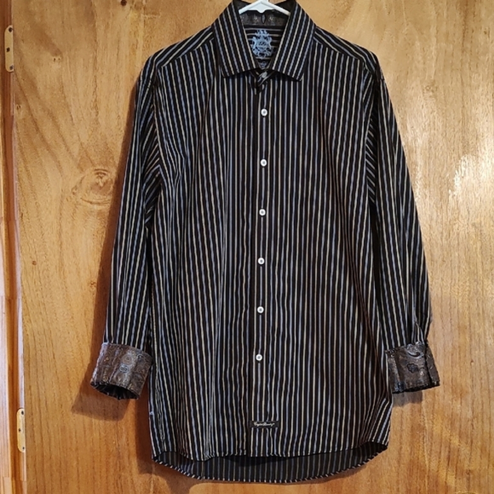 English Laundry Mens Button-Up Shirt Brown Blue Stripe Jacquard Lining 16½ 34/35